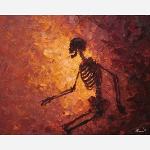 skeletal, silhouette, rendered, fractured, strokes,, glowing, palette knife, oil painting, textured impasto, layered pigment, dynamic strokes, sculpted paint, expressive surface, abstract detail, rich color, chromatic texture