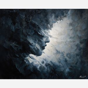 shadowy, figure, suggested, through, distorted, shapes,, palette knife, oil painting, textured impasto, layered pigment, dynamic strokes, sculpted paint, expressive surface, abstract detail, rich color, chromatic texture