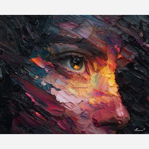 shadowy, figure, suggested, through, distorted, shapes,, palette knife, oil painting, textured impasto, layered pigment, dynamic strokes, sculpted paint, expressive surface, abstract detail, rich color, chromatic texture