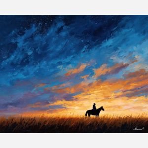 desert, dust, horizon, frontier, horse, sun, wind, trail, plain, sky, palette knife, oil painting, impasto, texture, expressive, layered paint, dynamic light, atmospheric, color depth, art