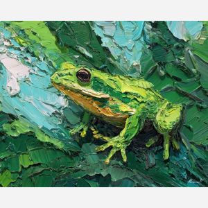 emerald, marsh, rain, jade, pond, ripple, moss, wet, amphibian, lily, palette knife, oil painting, impasto, texture, expressive, layered paint, dynamic light, atmospheric, color depth, art