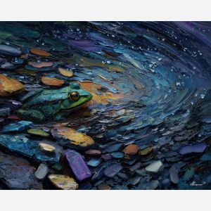 emerald, marsh, rain, jade, pond, ripple, moss, wet, amphibian, lily, palette knife, oil painting, impasto, texture, expressive, layered paint, dynamic light, atmospheric, color depth, art