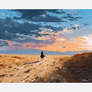 desert, dust, horizon, frontier, horse, sun, wind, trail, plain, sky, palette knife, oil painting, impasto, texture, expressive, layered paint, dynamic light, atmospheric, color depth, art