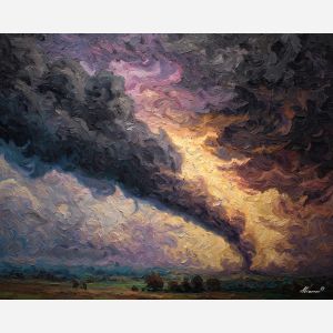 colossal, titan, smoke, destruction, neon, storm, scale, ruin, ash, force, palette knife, oil painting, impasto, texture, expressive, layered paint, dynamic light, atmospheric, color depth, art