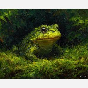 emerald, marsh, rain, jade, pond, ripple, moss, wet, amphibian, lily, palette knife, oil painting, impasto, texture, expressive, layered paint, dynamic light, atmospheric, color depth, art