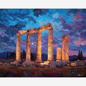 marble, temple, myth, aegean, column, oracle, bronze, ruin, hymn, stone, palette knife, oil painting, impasto, texture, expressive, layered paint, dynamic light, atmospheric, color depth, art