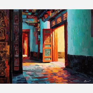 ornament, festival, pattern, color, temple, textile, warm, rhythm, culture, detail, palette knife, oil painting, impasto, texture, expressive, layered paint, dynamic light, atmospheric, color depth, art