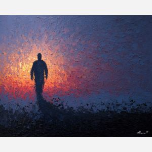 shadow, light, dusk, outline, presence, contrast, glow, void, edge, figure, palette knife, oil painting, impasto, texture, expressive, layered paint, dynamic light, atmospheric, color depth, art
