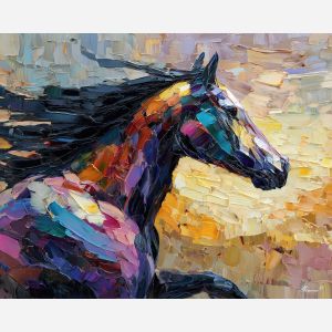 desert, dust, horizon, frontier, horse, sun, wind, trail, plain, sky, palette knife, oil painting, impasto, texture, expressive, layered paint, dynamic light, atmospheric, color depth, art