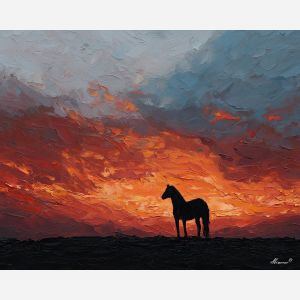 desert, dust, horizon, frontier, horse, sun, wind, trail, plain, sky, palette knife, oil painting, impasto, texture, expressive, layered paint, dynamic light, atmospheric, color depth, art