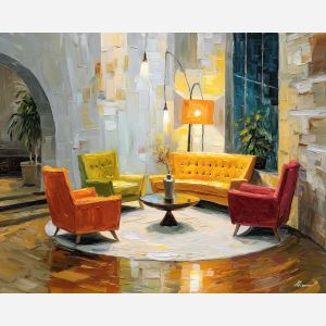 retro, interior, geometry, wood, design, minimal, warm, curve, balance, space, palette knife, oil painting, impasto, texture, expressive, layered paint, dynamic light, atmospheric, color depth, art