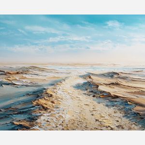 desert, dust, horizon, frontier, horse, sun, wind, trail, plain, sky, palette knife, oil painting, impasto, texture, expressive, layered paint, dynamic light, atmospheric, color depth, art