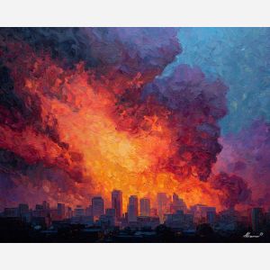 colossal, titan, smoke, destruction, neon, storm, scale, ruin, ash, force, palette knife, oil painting, impasto, texture, expressive, layered paint, dynamic light, atmospheric, color depth, art