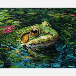 emerald, marsh, rain, jade, pond, ripple, moss, wet, amphibian, lily, palette knife, oil painting, impasto, texture, expressive, layered paint, dynamic light, atmospheric, color depth, art
