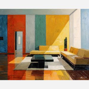 retro, interior, geometry, wood, design, minimal, warm, curve, balance, space, palette knife, oil painting, impasto, texture, expressive, layered paint, dynamic light, atmospheric, color depth, art