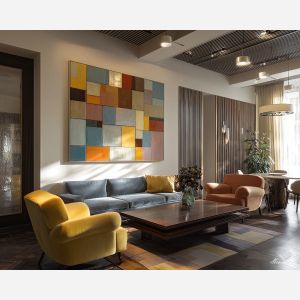 retro, interior, geometry, wood, design, minimal, warm, curve, balance, space, palette knife, oil painting, impasto, texture, expressive, layered paint, dynamic light, atmospheric, color depth, art