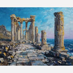 marble, temple, myth, aegean, column, oracle, bronze, ruin, hymn, stone, palette knife, oil painting, impasto, texture, expressive, layered paint, dynamic light, atmospheric, color depth, art