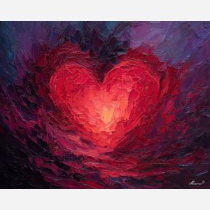 heart, emotion, warmth, pulse, red, connection, vein, core, intimacy, glow, palette knife, oil painting, impasto, texture, expressive, layered paint, dynamic light, atmospheric, color depth, art