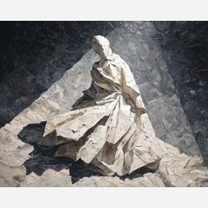 sculpture, marble, anatomy, chiaroscuro, form, muscle, monument, tension, gesture, light, palette knife, oil painting, impasto, texture, expressive, layered paint, dynamic light, atmospheric, color depth, art