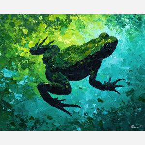emerald, marsh, rain, jade, pond, ripple, moss, wet, amphibian, lily, palette knife, oil painting, impasto, texture, expressive, layered paint, dynamic light, atmospheric, color depth, art