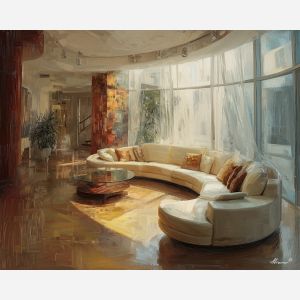 retro, interior, geometry, wood, design, minimal, warm, curve, balance, space, palette knife, oil painting, impasto, texture, expressive, layered paint, dynamic light, atmospheric, color depth, art