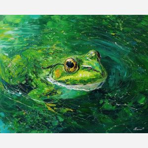 emerald, marsh, rain, jade, pond, ripple, moss, wet, amphibian, lily, palette knife, oil painting, impasto, texture, expressive, layered paint, dynamic light, atmospheric, color depth, art