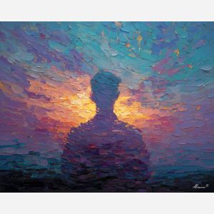 shadow, light, dusk, outline, presence, contrast, glow, void, edge, figure, palette knife, oil painting, impasto, texture, expressive, layered paint, dynamic light, atmospheric, color depth, art