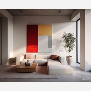 retro, interior, geometry, wood, design, minimal, warm, curve, balance, space, palette knife, oil painting, impasto, texture, expressive, layered paint, dynamic light, atmospheric, color depth, art