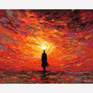 shadow, light, dusk, outline, presence, contrast, glow, void, edge, figure, palette knife, oil painting, impasto, texture, expressive, layered paint, dynamic light, atmospheric, color depth, art