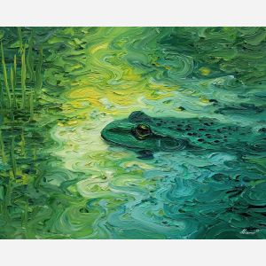 emerald, marsh, rain, jade, pond, ripple, moss, wet, amphibian, lily, palette knife, oil painting, impasto, texture, expressive, layered paint, dynamic light, atmospheric, color depth, art