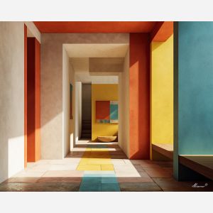 retro, interior, geometry, wood, design, minimal, warm, curve, balance, space, palette knife, oil painting, impasto, texture, expressive, layered paint, dynamic light, atmospheric, color depth, art