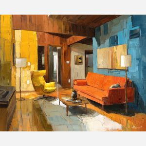 retro, interior, geometry, wood, design, minimal, warm, curve, balance, space, palette knife, oil painting, impasto, texture, expressive, layered paint, dynamic light, atmospheric, color depth, art