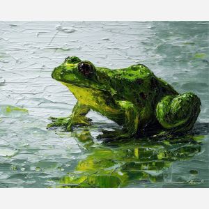emerald, marsh, rain, jade, pond, ripple, moss, wet, amphibian, lily, palette knife, oil painting, impasto, texture, expressive, layered paint, dynamic light, atmospheric, color depth, art
