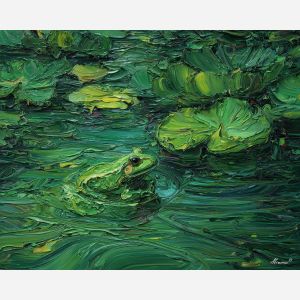 emerald, marsh, rain, jade, pond, ripple, moss, wet, amphibian, lily, palette knife, oil painting, impasto, texture, expressive, layered paint, dynamic light, atmospheric, color depth, art