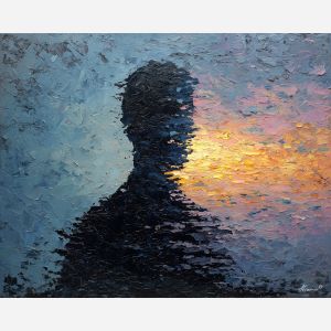 shadow, light, dusk, outline, presence, contrast, glow, void, edge, figure, palette knife, oil painting, impasto, texture, expressive, layered paint, dynamic light, atmospheric, color depth, art