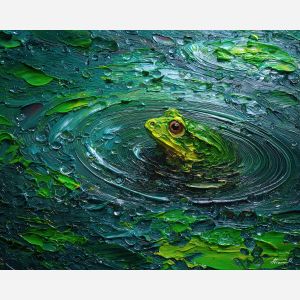 emerald, marsh, rain, jade, pond, ripple, moss, wet, amphibian, lily, palette knife, oil painting, impasto, texture, expressive, layered paint, dynamic light, atmospheric, color depth, art