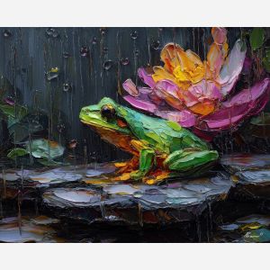 emerald, marsh, rain, jade, pond, ripple, moss, wet, amphibian, lily, palette knife, oil painting, impasto, texture, expressive, layered paint, dynamic light, atmospheric, color depth, art