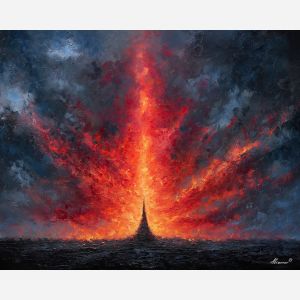 colossal, titan, smoke, destruction, neon, storm, scale, ruin, ash, force, palette knife, oil painting, impasto, texture, expressive, layered paint, dynamic light, atmospheric, color depth, art