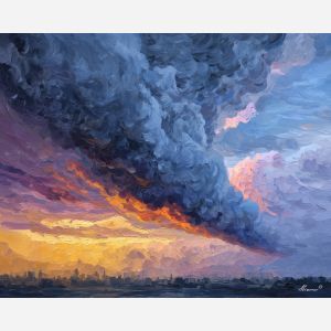 colossal, titan, smoke, destruction, neon, storm, scale, ruin, ash, force, palette knife, oil painting, impasto, texture, expressive, layered paint, dynamic light, atmospheric, color depth, art