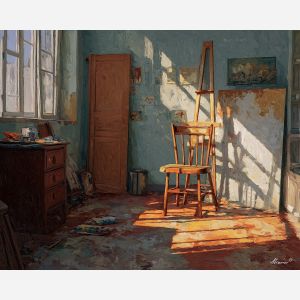 retro, interior, geometry, wood, design, minimal, warm, curve, balance, space, palette knife, oil painting, impasto, texture, expressive, layered paint, dynamic light, atmospheric, color depth, art