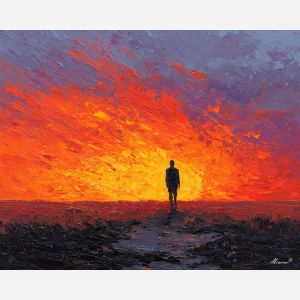 shadow, light, dusk, outline, presence, contrast, glow, void, edge, figure, palette knife, oil painting, impasto, texture, expressive, layered paint, dynamic light, atmospheric, color depth, art