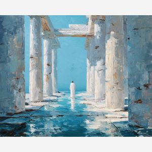 marble, temple, myth, aegean, column, oracle, bronze, ruin, hymn, stone, palette knife, oil painting, impasto, texture, expressive, layered paint, dynamic light, atmospheric, color depth, art