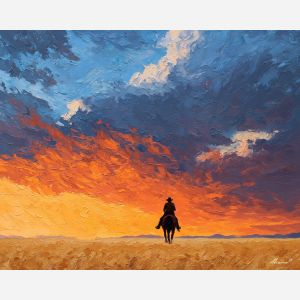 desert, dust, horizon, frontier, horse, sun, wind, trail, plain, sky, palette knife, oil painting, impasto, texture, expressive, layered paint, dynamic light, atmospheric, color depth, art