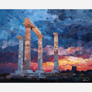 marble, temple, myth, aegean, column, oracle, bronze, ruin, hymn, stone, palette knife, oil painting, impasto, texture, expressive, layered paint, dynamic light, atmospheric, color depth, art