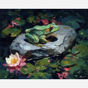emerald, marsh, rain, jade, pond, ripple, moss, wet, amphibian, lily, palette knife, oil painting, impasto, texture, expressive, layered paint, dynamic light, atmospheric, color depth, art