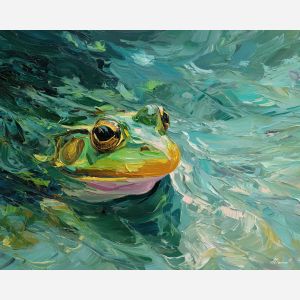 emerald, marsh, rain, jade, pond, ripple, moss, wet, amphibian, lily, palette knife, oil painting, impasto, texture, expressive, layered paint, dynamic light, atmospheric, color depth, art