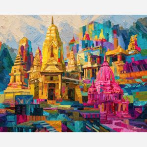 ornament, festival, pattern, color, temple, textile, warm, rhythm, culture, detail, palette knife, oil painting, impasto, texture, expressive, layered paint, dynamic light, atmospheric, color depth, art