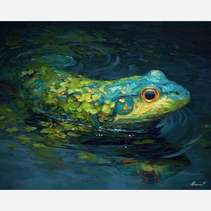 emerald, marsh, rain, jade, pond, ripple, moss, wet, amphibian, lily, palette knife, oil painting, impasto, texture, expressive, layered paint, dynamic light, atmospheric, color depth, art