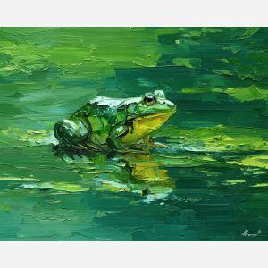 emerald, marsh, rain, jade, pond, ripple, moss, wet, amphibian, lily, palette knife, oil painting, impasto, texture, expressive, layered paint, dynamic light, atmospheric, color depth, art