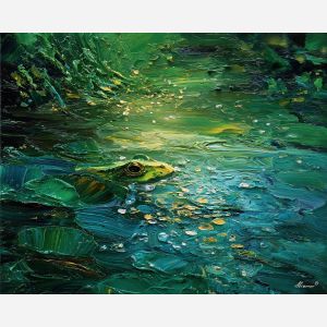 emerald, marsh, rain, jade, pond, ripple, moss, wet, amphibian, lily, palette knife, oil painting, impasto, texture, expressive, layered paint, dynamic light, atmospheric, color depth, art